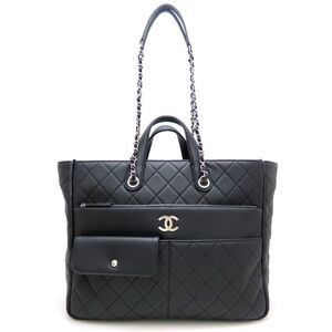 CHANEL Large Zip Shopping Bag AS1300 Tote Leather Black Women's 353255